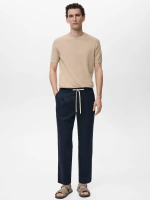 MANGO MAN - Spodnie lniane slim fit z troczkami kremowy / écru - - Mężczyzna