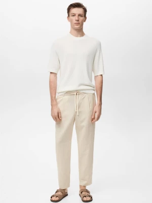 MANGO MAN - Spodnie lniane slim fit z troczkami kremowy / écru - - Mężczyzna