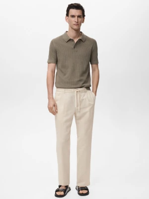 MANGO MAN - Spodnie lniane slim fit z troczkami kremowy / écru - - Mężczyzna