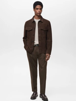 MANGO MAN - Spodnie slim fit z zakładkami z chłodnej wełny czekoladowy - - Mężczyzna