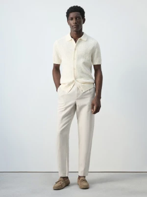 MANGO MAN - Spodnie z lnu i bawełny slim fit cropped kremowy / écru - - Mężczyzna