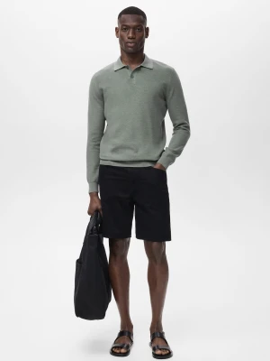 MANGO MAN - Sweter polo z bawełny z drobną teksturą ciemnozielony - - Mężczyzna