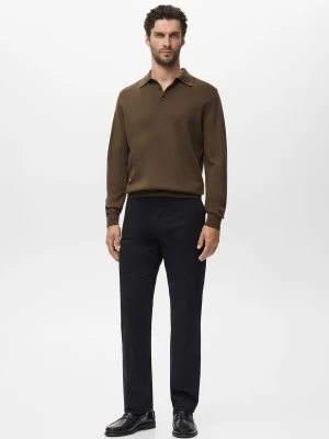 MANGO MAN - Sweter z kołnierzykiem polo 100% wełna merino oliwkowozielony - - Mężczyzna