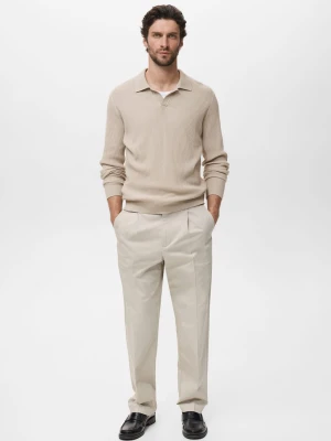 MANGO MAN - Sweter polo z prążkowanej dzianiny z mieszanki bawełny beżowy - - Mężczyzna