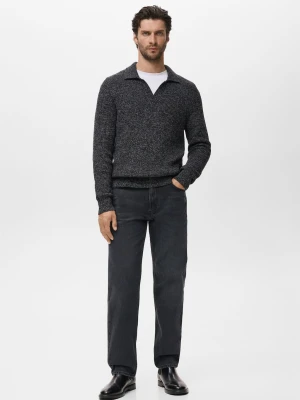 MANGO MAN - Sweter w stylu polo 100% bawełna ciemnoszary - - Mężczyzna