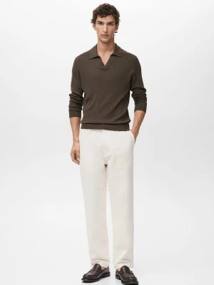 MANGO MAN - Sweter w stylu polo z prążkowanej dzianiny khaki - - Mężczyzna