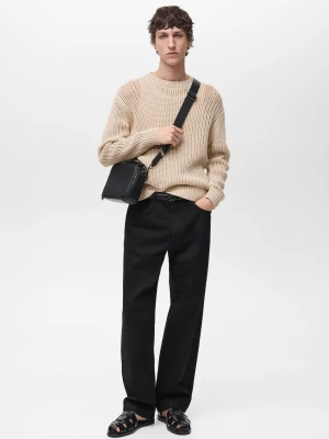 MANGO MAN - Sweter z ażurowej dzianiny z 100% bawełny beżowy - - Mężczyzna