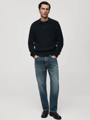 MANGO MAN - Sweter z kołnierzykiem polo z prążkowanej dzianiny ciemnogranatowy - - Mężczyzna