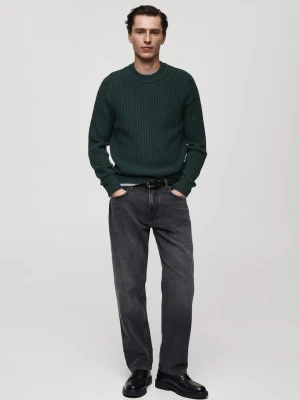 MANGO MAN - Sweter z prążkowanej dzianiny z mieszanki wełny ciemnozielony - - Mężczyzna