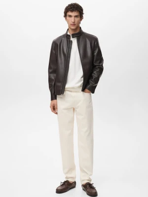 MANGO MAN - Kurtka z imitacji skóry na zamek czekoladowy - - Mężczyzna