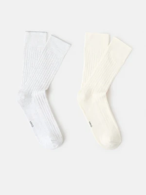 MANGO MAN - Zestaw 2 bawełnianych skarpet w prążki kremowy / écru - - Mężczyzna