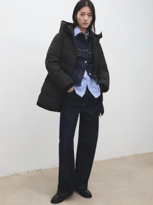 MANGO - Pikowana kurtka z kapturem czarny - - Kobieta