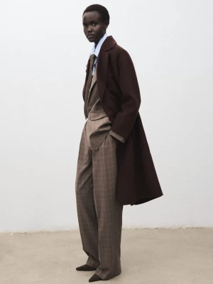 MANGO - Płaszcz wełniany handmade oversize czekoladowy - - Kobieta