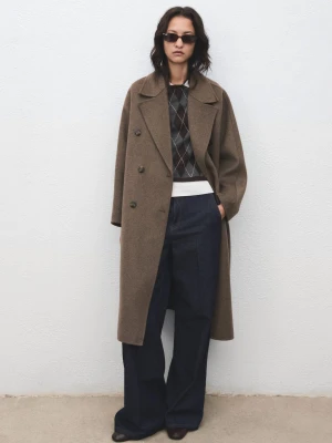 MANGO - Płaszcz wełniany handmade oversize średni brązowy - - Kobieta