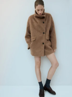 Płaszcz z mieszanki wełny z kołnierzem kominowym brązowy - Kobieta - - MANGO