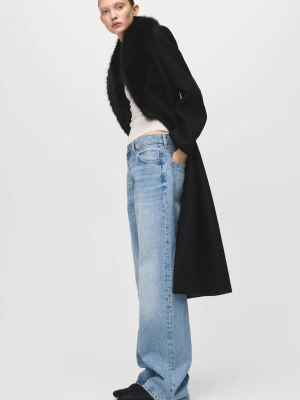 MANGO - Płaszcz z wełny Manteco z kołnierzem z futerkiem czarny - - Kobieta