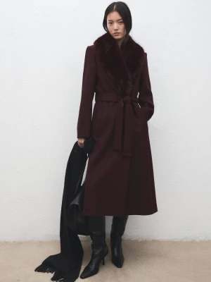 Płaszcz z wełny Manteco z kołnierzem z futerkiem kasztanowy - Kobieta - - MANGO