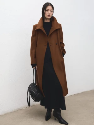 MANGO - Płaszcz z wełny manteco z paskiem średni brązowy - - Kobieta