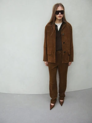 MANGO - Proste skórzane spodnie tabaczkowy brąz - - Kobieta