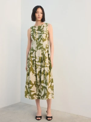 MANGO - Rozkloszowana sukienka z nadrukiem w kwiaty zielony - - Kobieta