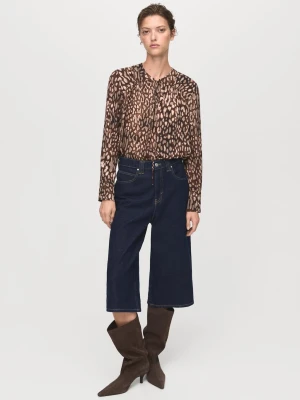 MANGO - Satynowa bluzka w leopardowy wzór z kokardą brązowy - - Kobieta