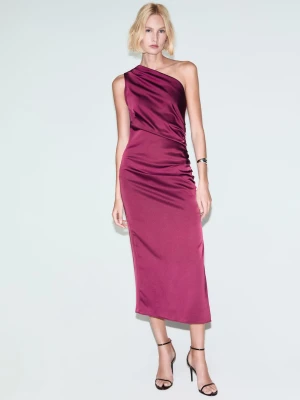 Satynowa sukienka o asymetrycznym kroju z marszczeniem po boku fuksja - Kobieta - - MANGO