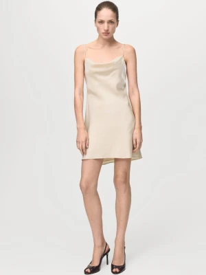 MANGO - Satynowa sukienka z głębokim dekoltem kość słoniowa - - Kobieta