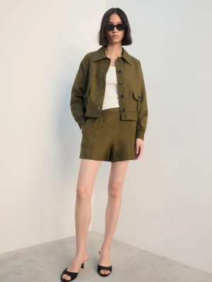 MANGO - Spodenki lniane z wysokim stanem khaki - - Kobieta