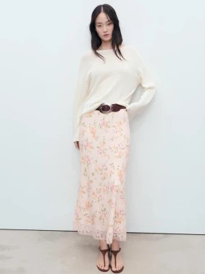 MANGO - Spódnica floral z koronkowym detalem pastelowy róż - - Kobieta