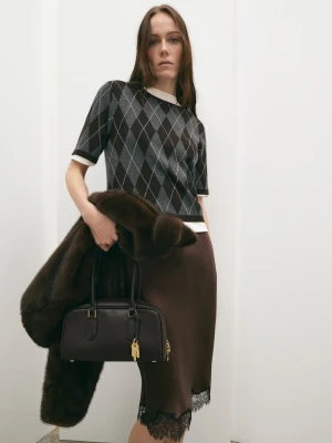 MANGO - Spódnica satynowa z koronką brązowy - - Kobieta