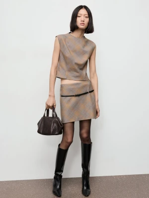 MANGO - Spódnica w kratkę z paskiem brązowy - - Kobieta