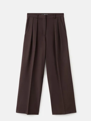 MANGO - Spodnie wide leg z zakładkami, średni stan czekoladowy - - Kobieta