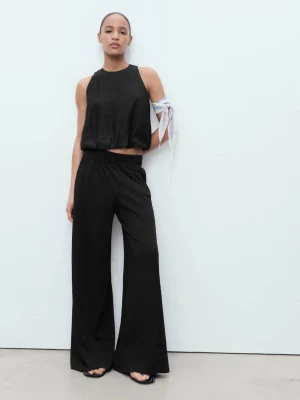 MANGO - Spodnie o prostym kroju z cienkiej dzianiny czarny - - Kobieta