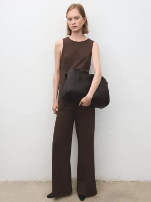 MANGO - Spodnie wide leg z wysokim stanem i szlufkami średni brązowy - - Kobieta