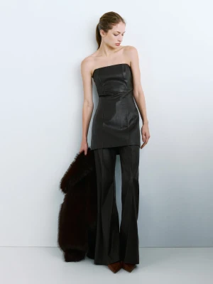 MANGO - Spodnie wide leg ze sztucznej skóry czekoladowy - - Kobieta