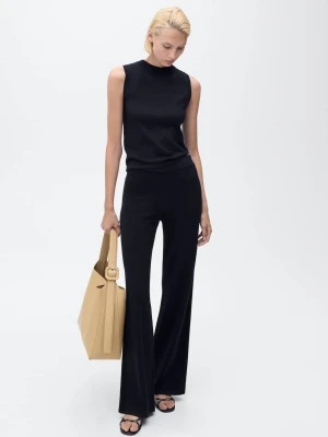 MANGO - Spodnie wide leg z cienkiej dzianiny ciemnogranatowy - - Kobieta