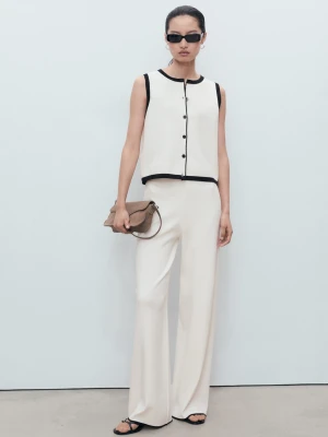 MANGO - Spodnie z dzianiny z kontrastowym obszyciem kremowy / écru - - Kobieta