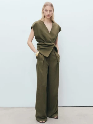 MANGO - Spodnie z mieszanki lnu z zaszewkami khaki - - Kobieta