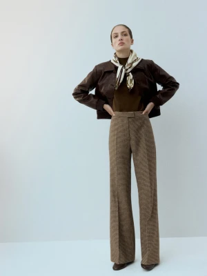 MANGO - Spodnie z mieszanki wełny w pepitkę średni brązowy - - Kobieta