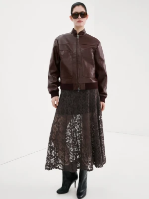 MANGO - Sukienka koronkowa z półprzezroczystym rękawem brązowy - - Kobieta