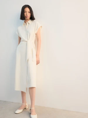 MANGO - Sukienka koszulowa z ozdobnym wiązaniem kremowy / écru - - Kobieta