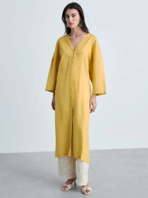 MANGO - Sukienka lniana oversize musztardowy - - Kobieta