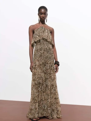MANGO - Sukienka maxi w leopardowy wzór brązowy - - Kobieta