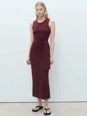 MANGO - Sukienka midi z bawełny z węzłem burgund - - Kobieta