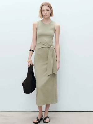 MANGO - Sukienka midi z bawełny z węzłem khaki - - Kobieta