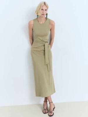 MANGO - Sukienka midi z bawełny z węzłem khaki - - Kobieta