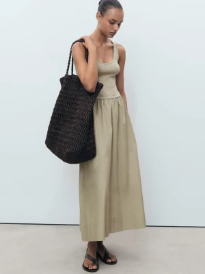 MANGO - Sukienka o rozszerzanym kroju z dzianinową górą khaki - - Kobieta