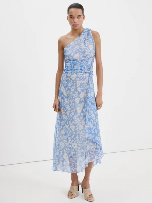 MANGO - Sukienka w kwiaty z asymetrycznym dekoltem niebieski - - Kobieta