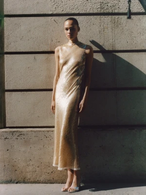 MANGO - Sukienka z cekinami i dekoltem na plecach pastelowy żółty - - Kobieta