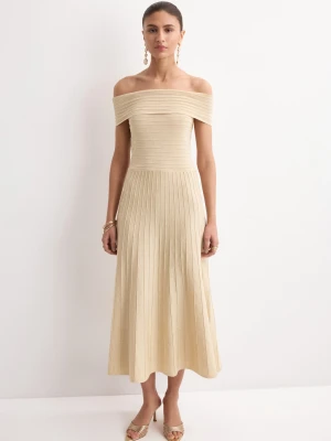 MANGO - Sukienka z dzianiny typu "palabra de honor" z przeszyciami złoty - - Kobieta